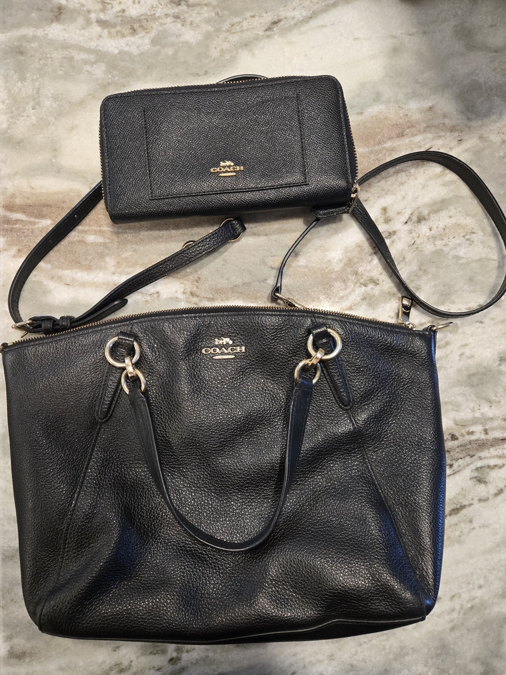 COACH Small Kelsey Black Leather Satchel with Crossbody & Wallet Bundle